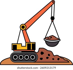 A crane is lifting a large bucket of dirt. The bucket is filled with dirt and is being lifted by the crane
