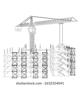 A crane is lifting a large object. The crane is tall and has a long arm. The crane is surrounded by scaffolding, which is used to support the workers who are working on the building