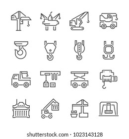 Crane and lifting machine equipment vector line icon set. For construction and industry e.g. tower, mobile, gantry, overhead and port or harbour. Include hoist hook, truck, winch and cargo container.