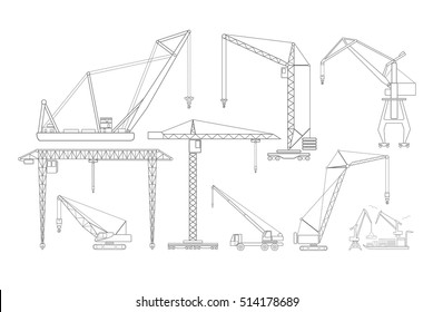 Crane and lifting machine. Outline icon set suitable for creating infographics. web site content etc. Vector illustration