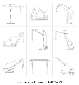 Crane and lifting machine. Outline icon set suitable for creating infographics. web site content etc. Vector illustration