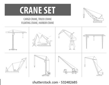 Crane and lifting machine. Outline icon set suitable for creating infographics. web site content etc. Vector illustration