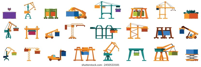 Crane lifting maritime container icons set cartoon vector. Ship cargo. Port logistics