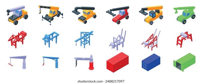 Crane lifting maritime container icons set. Collection of colorful isometric icons representing port cranes and transportation vehicles lifting cargo containers