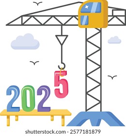 crane lifting the number Twenty Twenty Five concept, Foundation of Tomorrow vector icon design, Under construction 2025 sign, festive holiday season symbol, new year party decor stock illustration