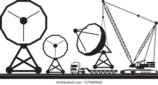 Crane lifting satellite dish from tractor truck – vector illustration