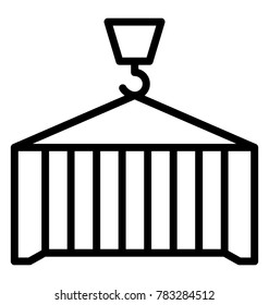 Crane lifting shipping container, line vector icon