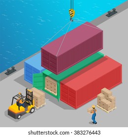 La grúa levanta un gran contenedor con carga isométrica. Logística global. Transporte de mercancías. Ilustración isométrica plana 3d