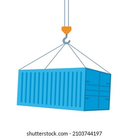 Crane lifts with blue cargo container. Industrial crane hook and Transportation Container isolated on white background. Freight Shipping concept. Vector illustration