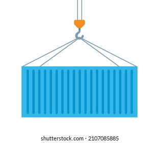 Crane lifts with blue cargo container. Industrial crane hook and Transportation Container isolated on white background. Freight Shipping concept. Vector illustration