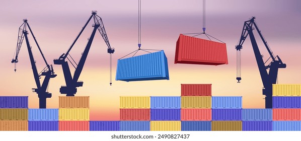 Crane lifts with cargo colored container. Container hanging on the hook. Industrial crane hook and stack of colored cargo containers. Freight Shipping concept. Vector illustration set of elements.