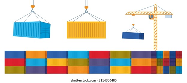 Crane lifts with cargo container. Industrial crane hook and stack of colorful cargo containers, set of elements. Freight Shipping concept. Vector illustration