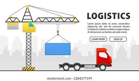 Kranaufzüge mit Frachtcontainer. Industriekranhaken. Lkw. Konzept der Frachtbeförderung. Konzept Güterverkehr und Logistik. Auf dem Hintergrund der Stadt. Vektorgrafik