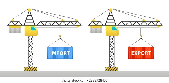 The crane lifts the container. Cargo container logistic. Freight Shipping concept. Cargo transport container. Flat style. Import and export. The concept of worldwide shipping. Vector illustration