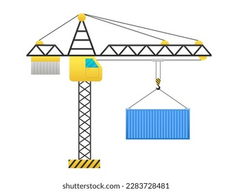 The crane lifts the container. Cargo container logistic. Freight Shipping concept. Cargo transport container. Flat style. Import and export. The concept of worldwide shipping. Vector illustration
