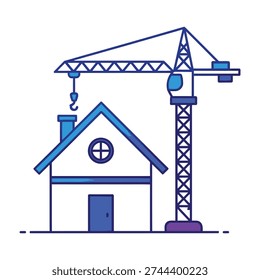 Crane lifts materials above small house under construction in progress