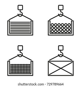 Crane line icon. Vector crane holding container, slinging a sheet or round metal. minimal symbol or logo element in thin line style for web, mobile and infographics. 
