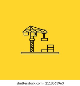 Icono lineal de grúa sobre fondo amarillo. Icono del vector para la construcción. Emblema para constructores, ingenieros, estudiantes de universidades técnicas, diseñadores, conductores.