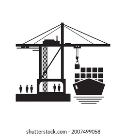 Crane load box on the ship icon. Vector and glyph