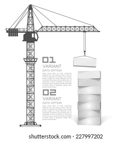 Crane loading box 3d, building number info, Vector infographic illustration