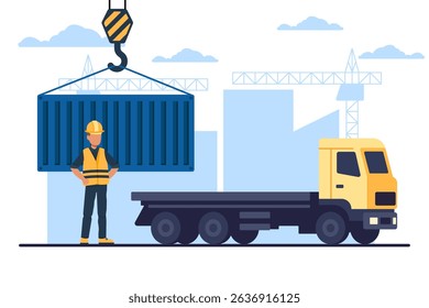 Crane loading a cargo container on a truck. Vector logistics and shipment illustration.