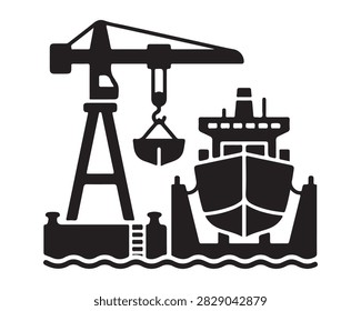 Crane loading cargo onto industrial ship at dockside for maritime logistics and transportation