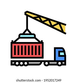 contenedor de carga de grúa en camión en vector de icono de color de puerto. contenedor de carga de grúa en el camión en el símbolo del puerto. ilustración de símbolo aislado