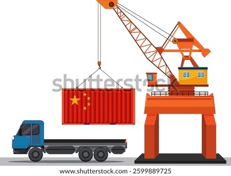 Crane loading container onto truck at port