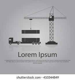 Crane loading truck. Flat design vector icon