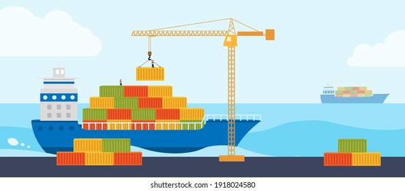 Crane loads cargo on to cargo barge. Concept worldwide  cargo delivery by water. Industrial sea port cargo logistics container. Freight ship  carries import and export. Vector flat illustration