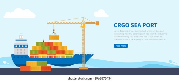 Crane loads cargo on to cargo barge. Banner or landing page worldwide  cargo delivery by water. Industrial sea port cargo logistics container. Vector cartoon illustration