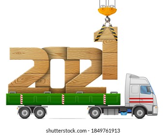 Crane loads New Year 2021 of wood. Big wooden year number in back of truck