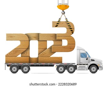 Crane loads New Year 2023 of wood. Big wooden year number in back of truck