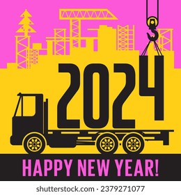 Cargas de grúa Año Nuevo 2024 en camión, texto feliz Año Nuevo, ilustración vectorial