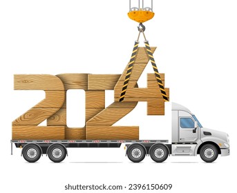 Crane loads New Year 2024 of wood. Big wooden year number in back of truck