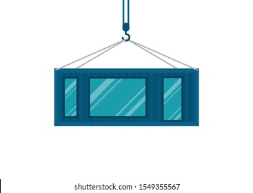 Crane lowers container from which modular house is made, reuse of containers, modern house on white background, vector, fleat style