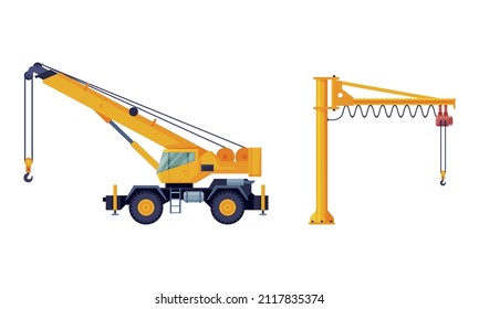 Crane Machine Equipped with Hoist Rope and Sheaves for Lifting and Lower Heavy Freight Vector Set