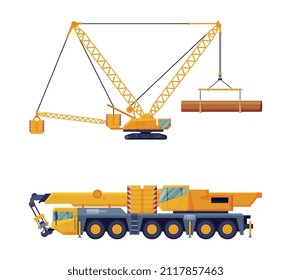 Crane Machine Equipped with Hoist Rope and Sheaves for Lifting and Lower Heavy Freight Vector Set
