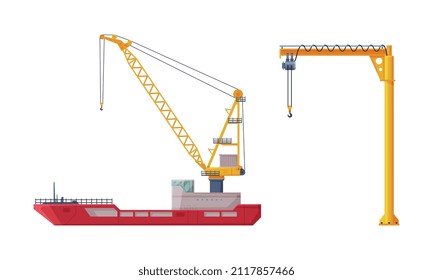 Crane Machine Equipped with Hoist Rope and Sheaves for Lifting and Lower Heavy Freight Vector Set