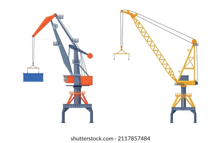 Crane Machine Equipped with Hoist Rope and Sheaves for Lifting and Lower Heavy Freight Vector Set