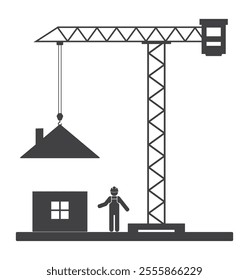 crane machine with hook lift house roof construction and worker builder person icon