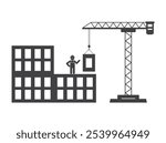 crane machine with hook and worker builder build house construction icon