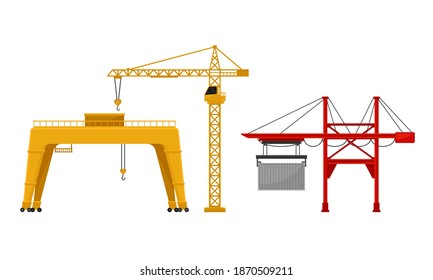 Crane as Machine for Lifting and Lowering Materials Vector Set