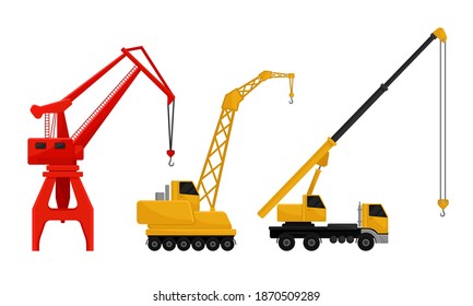 Crane as Machine for Lifting and Lowering Materials Vector Set