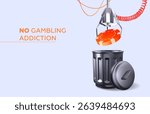 Crane machine throws poker chip into trash can. Concept of getting rid of gambling addiction. 3d style. Vector illustration