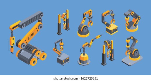 Crane machines colorful isometric vector illustrations set.