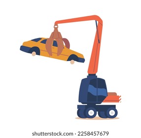 Crane Manipulator Machine Lifting and Moving Car without Wheels. Transport Equipment for Moving Scrap Metal. Disposal of Crashed Auto Isolated Icon on White Background. Cartoon Vector Illustration