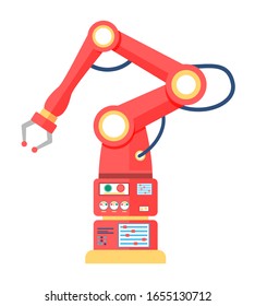 Crane manufacturing modern equipment with hooks isolated on white symbol. Engineering electronic machine element for production line. Factory automatic device with buttons in red color vector