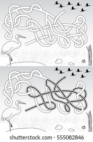 Crane maze for kids with a solution in black and white