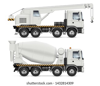 Crane and mixer trucks with view from side isolated on white background. Construction vehicles set vector mockup, easy editing and recolor.